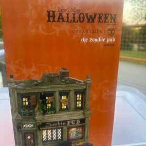 Department 56 Halloween Zombie Pub with Gray and Black Accents with zombie